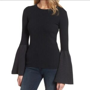 Chelsea28 Black Ribbed L/S Sweater Grey Wool Flare Cuffs Small Reg. $79